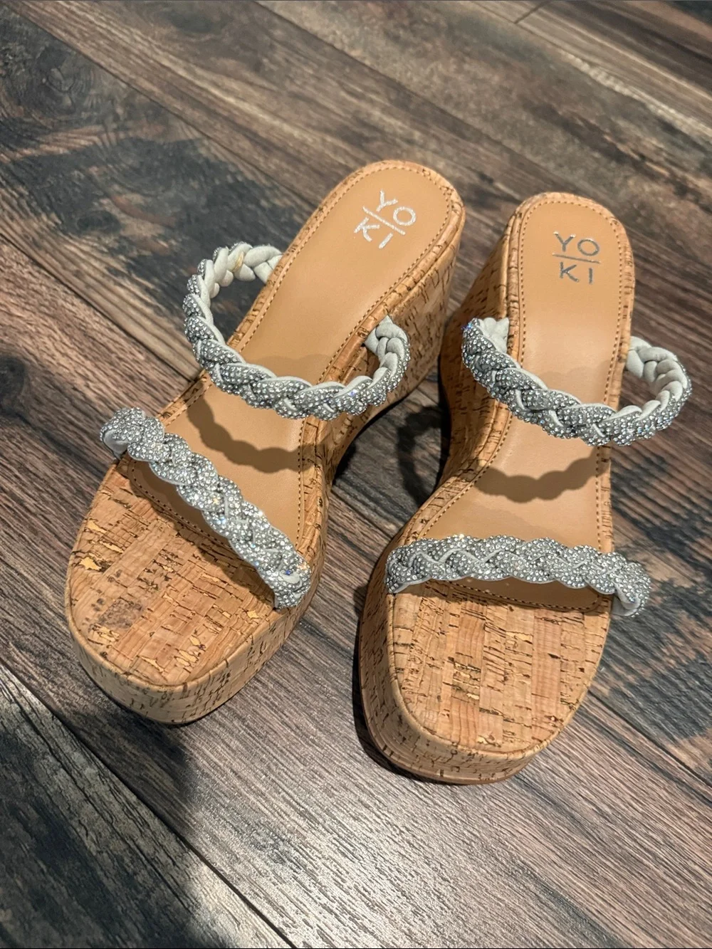 New!! Size 9 - Crystal Strap Cork Wedge Sandals - Silver